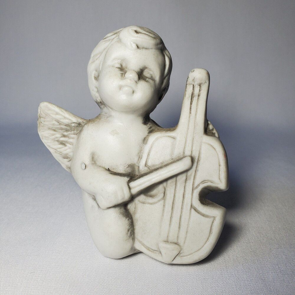 Angel Cherub Playing Cello Bass Sitting Vintage Figurine Ceramic